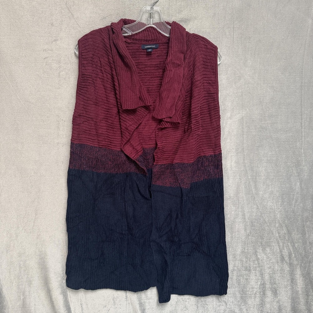 Lands' End Sweater Vest Womens Small Red Navy‎ Colorblock Knit Open Front Drape